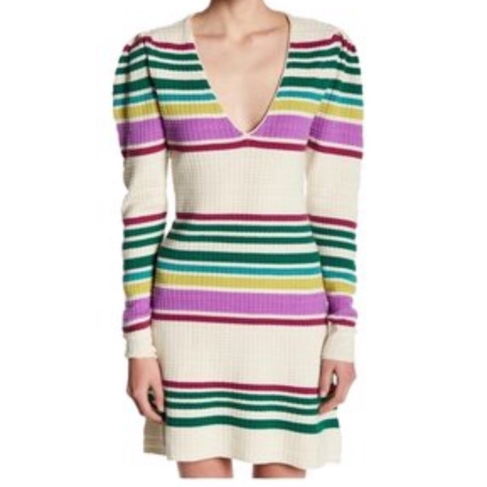 Free People Womens Gidget Sweaterdress Striped V-Neck - Ivory - Picture 3 of 9